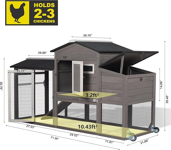 71" Chicken Coop Large Wooden Chicken Tractor - with Wheels Waterproof Outdoor Hen House Poultry Cage Back Yard Chicken Coops with Run, Laying Boxes and Secure Enclosure