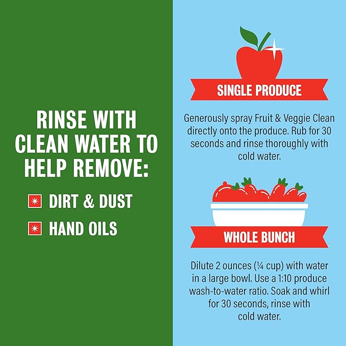Rebel Green Fruit & Veggie Clean - Plant-Based Produce Cleaner - Natural Fruit & Vegetable Wash with No Aftertaste - Dirt & Wax Removal - 16 Fluid Ounces Bottle & 64 Fluid Ounces Bottle