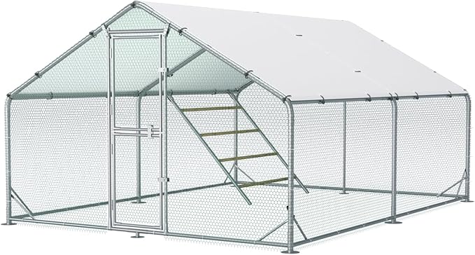 Large Metal Chicken Coop, 10x13x6.5FT Chicken Runs for Yard with Cover and Roosting Perch, Split Doors Walk in Chicken Coop