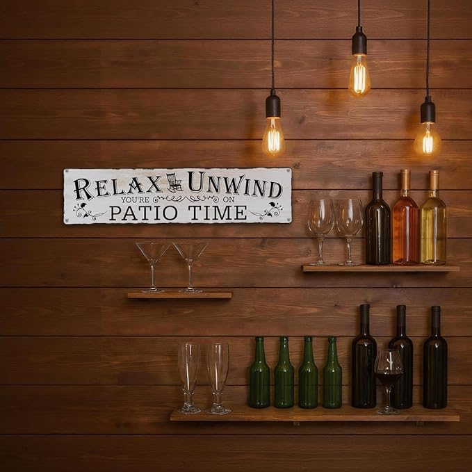 Rustic Farmhouse Metal Wall Art Sign, “Relax Unwind You’re on Patio Time” Vintage Tin for Porch, Deck, Garden or Sunroom, Outdoor/Indoor Patio Decor, 15.8 x 4 Inch