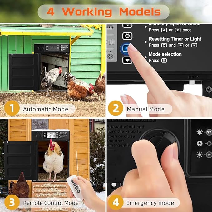 Automatic Chicken Coop Door Solar Powered With Timer,Lcd Display Chicken Door With Light Sensor,4 Modes,Abnormal Alarm,Chicken House Door For Chicken, Duck, Goose, Poultry,Gear