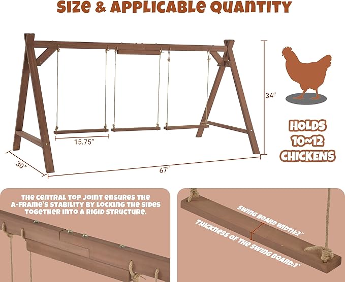 Chicken Perch for Coop, 67inch Long Chicken Roost Bar with 3 Swings, Stable & Ideal for Pet's Healthy and Play, Fit for 10-12 Chickens