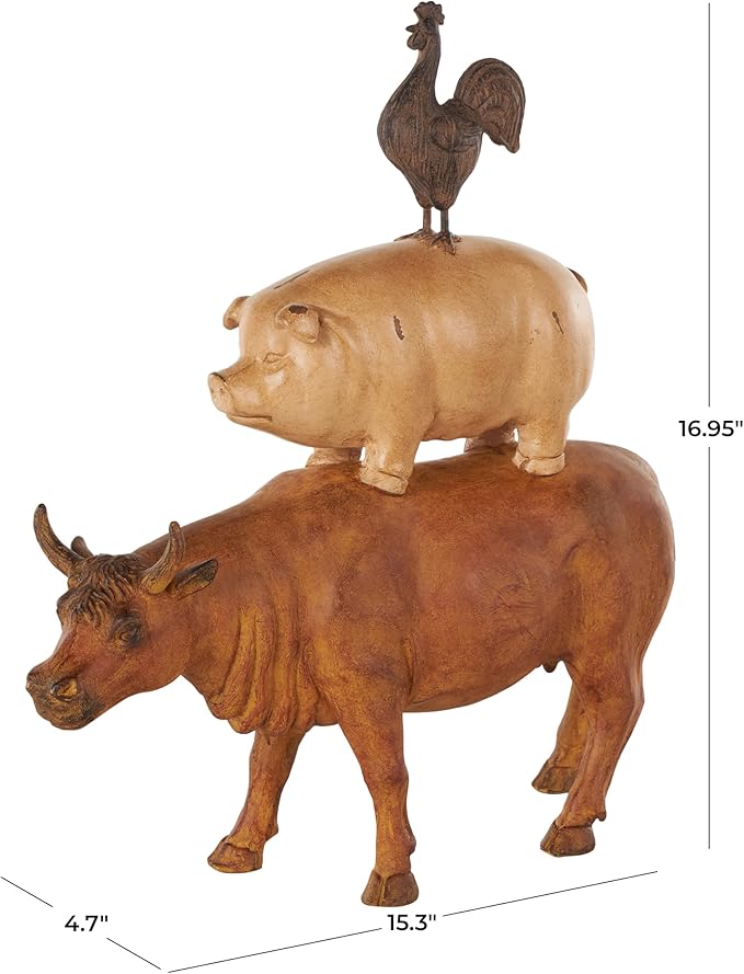 Deco 79 Resin Farm Animals Stacked Sculpture, 15" x 5" x 17", Copper