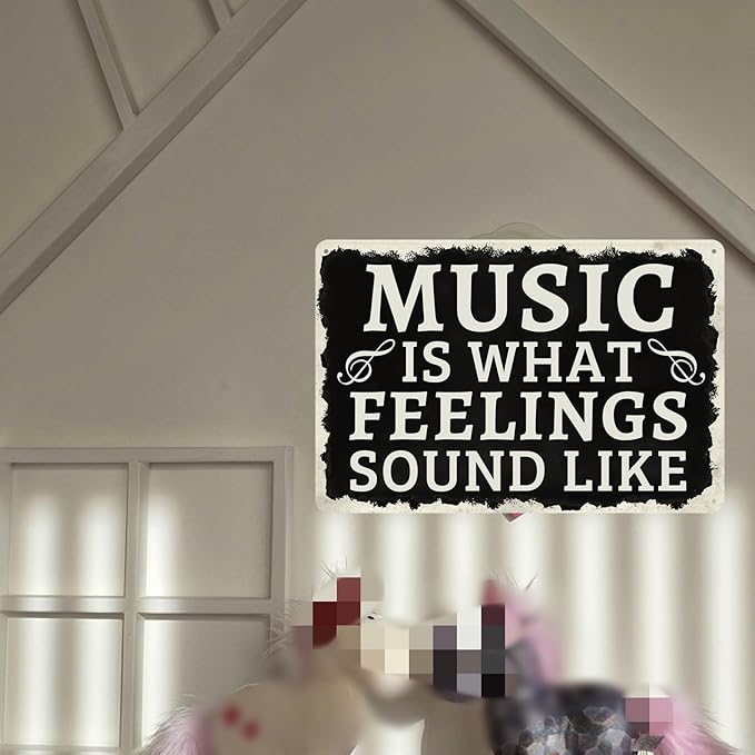 Cenacle Music Is What Feelings Sound Like Tin Sign 8x12 Inches Art Deco Rectangular Wall Mount Black Music Studio Decor