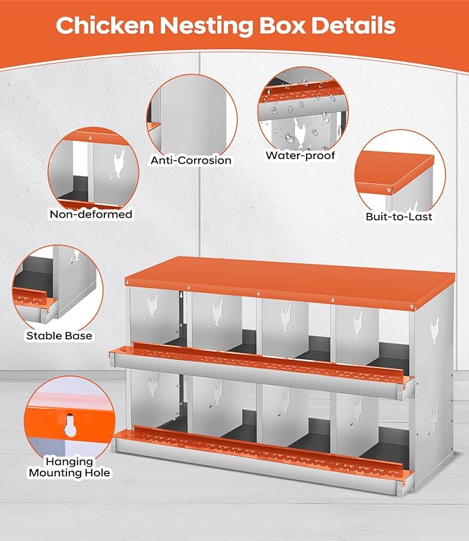 Chicken Nesting Box,8 Compartments Nesting Box for Chickens, Two-Tier Galvanized Metal Wall Mount Chicken Egg Laying Box with Large Vented Holes for Easy Egg Collection ﻿