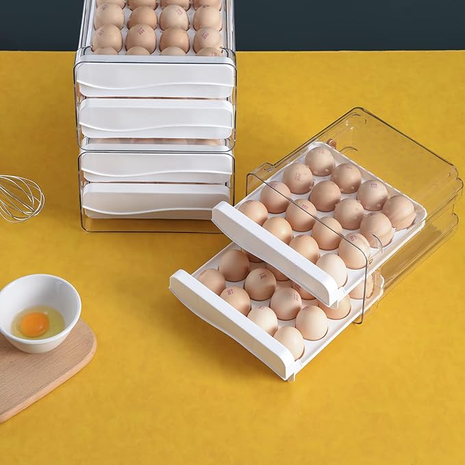 Sooyee 32 Capacity Egg Holder for Refrigerator with Time Scale,Egg Container for Refrigerator,2 Drawers Egg Storage Container/Organizer/Bin