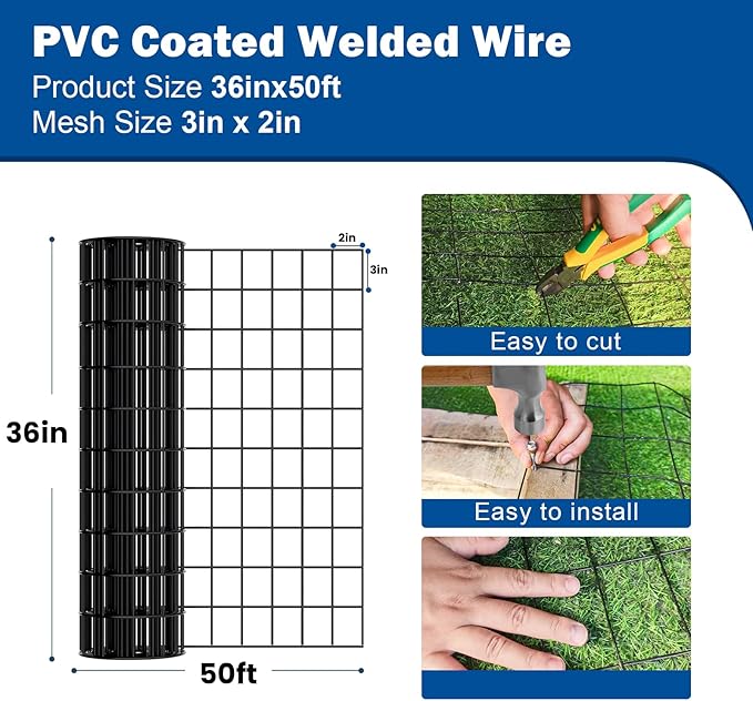 PVC Coated Wire Mesh Fence, Heavy-Duty Black Welded Wire Fencing (2×3 Inch Mesh, 36"×50' 16Gauge) Ideal for Garden, Pet Enclosure & Property Boundaries