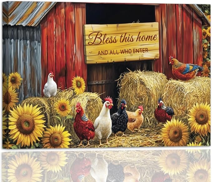 YMXDYMJSW Rooster Canvas Wall Art Chicken with Sunflower Pictures Farm Animal Prints Chicken Coop Paintings Inspirational Quotes Artwork for Kitchen Decor Frame (Brown,16L x 24W)