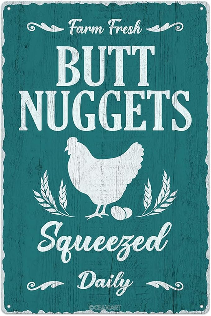 Farm Fresh Butt Nuggets Tin Sign Chicken Coop Vintage Metal Hanging Plaque for Farm Barn Yard Garden Egg Market Kitchen Bar Home Wall Decor Hen House Accessories Outdoor 12x8 Inch