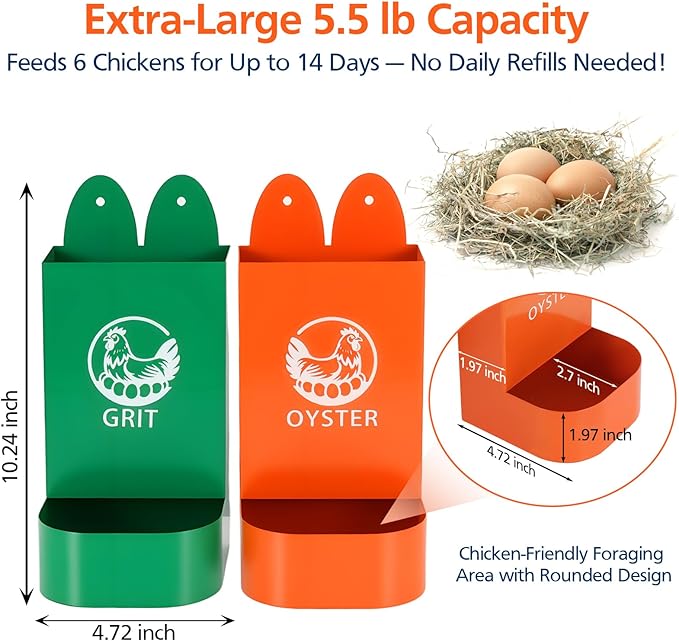 US Patent Pending 2 Pack Chicken Oyster Shell and Grit Feeder for Hens – Heavy-Duty Metal Chicken Feeder with Rounded Edges – Chicken Coop Accessories Improve Eggshell Quality and Hen Health