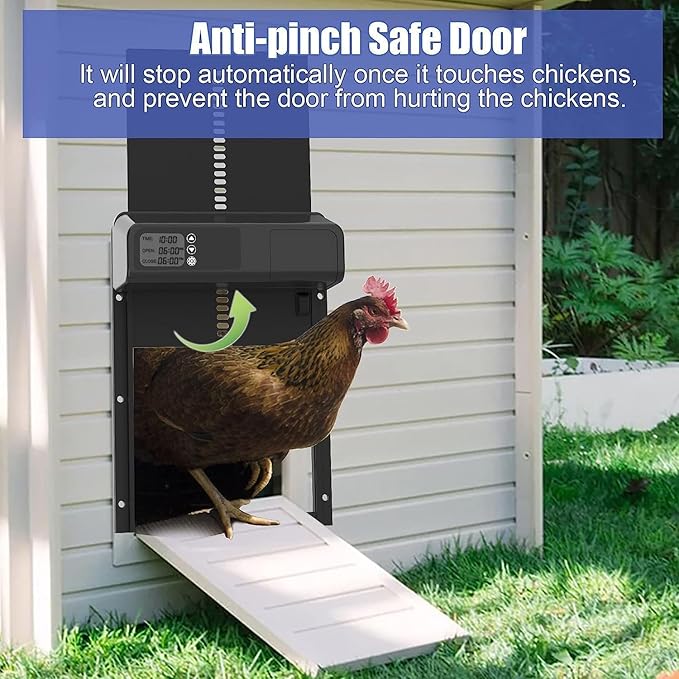 Automatic Chicken Coop Door with Timer, Gear Lifter Poultry Gate,Battery Powered, Evening and Morning Delay, Full Aluminum Door, Automatic Chicken Door Opener with LED Liquid Crystal Display (V-Black)