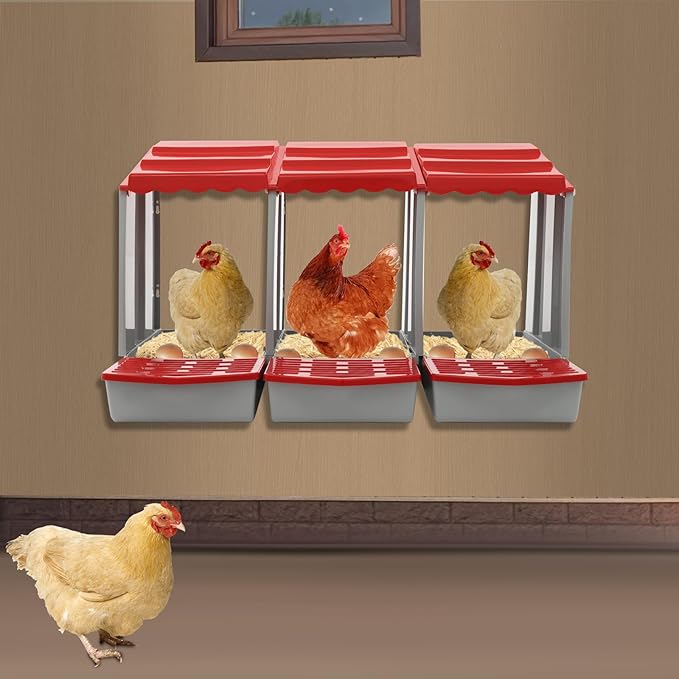 Chicken Nesting Box, 3 Compartments PP Nesting Box, Wall Mountable Nesting Boxes with Inclined Top, Drain Holes & Resting Platform for Chicken and Poultry to Collect Eggs