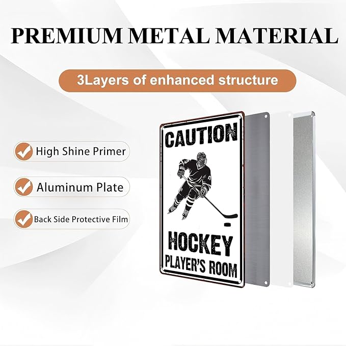Hockey Metal Tin Sign Caution Hockey Player's Room Vintage Sign for Man Cave Decor Sports Wall Decor Hockey Party Decorations Hockey Fans Sign Front Door Sign 8X12Inch