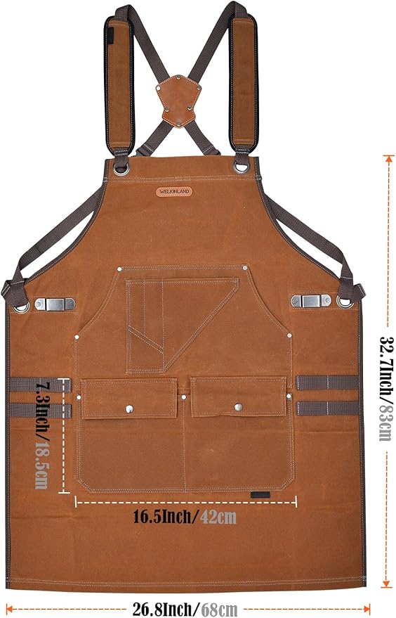 WELKINLAND 16-Pockets Waxed-Canvas Tool Apron, Heavy-Duty Woodwork Aprons, Fully-Adjustable Carpenter Apron, 34" x 27" Blacksmith Woodworking Apron