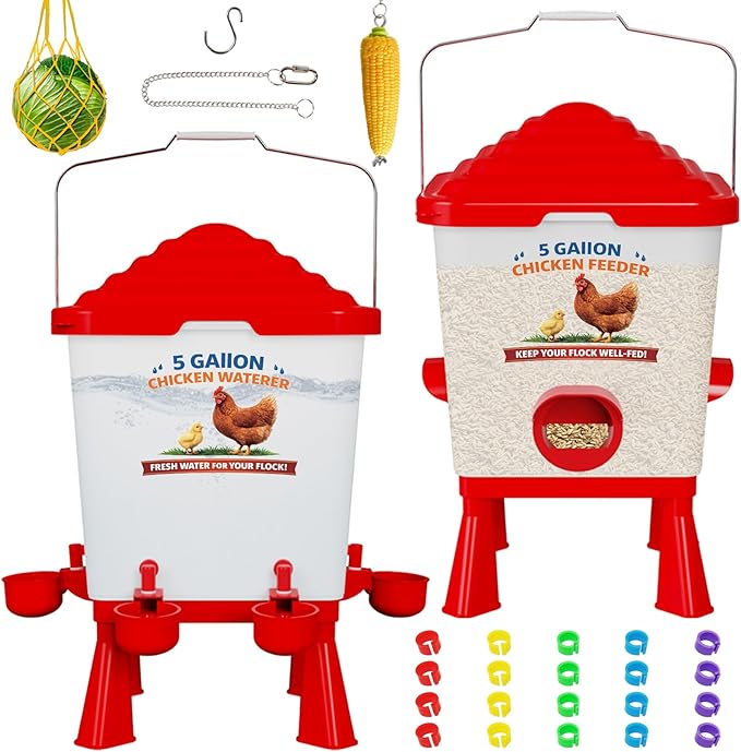 Chicken Feeder and Waterer Set, 5 Gallon Automatic Chicken Waterer with Cups, 40LB Large Chickens Feeders No Waste, Chicken Coop Accessories, Poultry Feeder & Chicken Watering System for Ducks, Quails