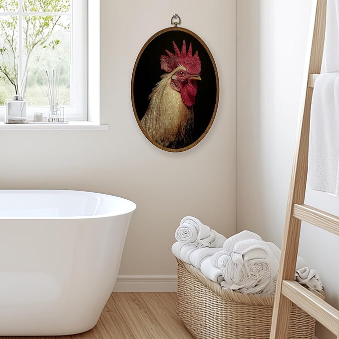 WULQYING Vintage Chicken Wall Art Decor, Moody Dark Academia Chicken Oval Framed Canvas Art Prints, Rustic Farmhouse Rooster Wall Hanging Decor for Home Bedroom Living Room, 8.6x11.4 Inches