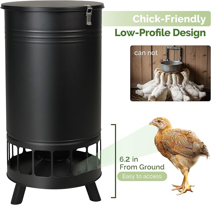 Solution4Patio 65 LB Large Chicken Feeder No-Waste, Portable Gravity Chicken Feeder Automatic, Dispenser, 16 Feeding Ports Poultry Feeder, Hen Coop (Black)