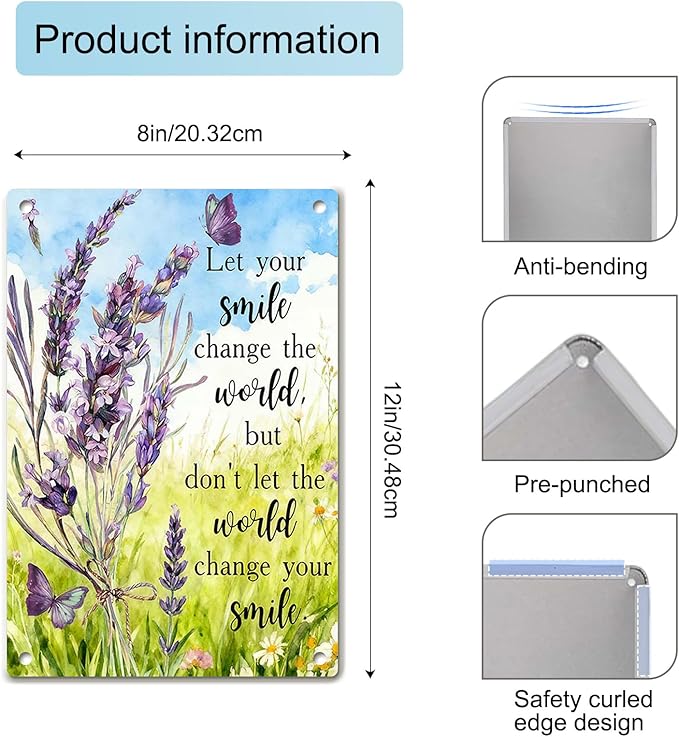 Motivational Wall Decor – Metal Sign Rustic with Lavender Floral Design, Inspirational Quote Tin Sign, Positive Quote Wall Art for Modern Farmhouse or Rustic Home Decor, 8x12 Inch
