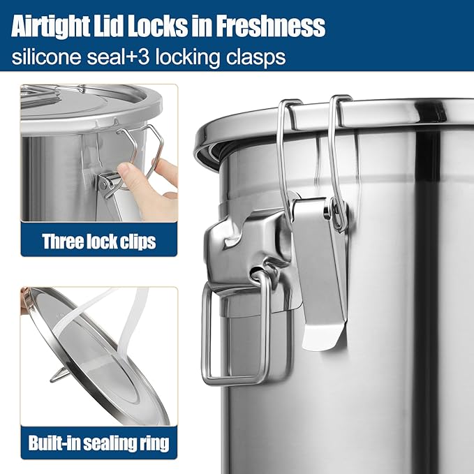 3.17Gal/12L Stainless Steel Airtight Canister, Airtight Food Storage Container with Lid and Lock Clips, 304 Stainless Steel Bucket for Rice, Flour, Grain, Coffee Bean