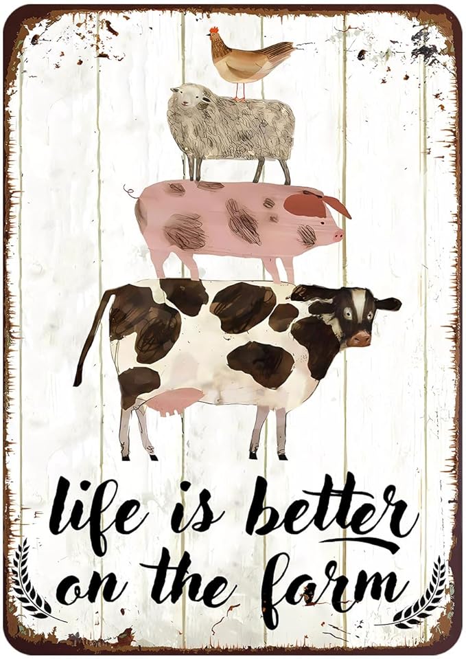 Rustic Farm Animals Metal Sign Vintage Style Life is Better on the Farm Wall Decor for Farmhouse Gift 12x8 Inches