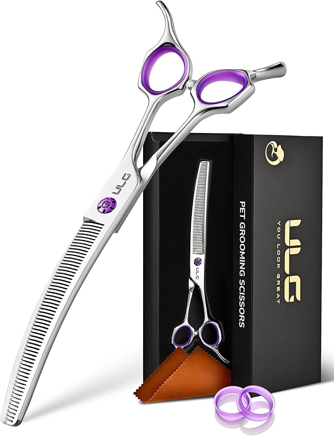 ULG 7.5” Dog Grooming Thinning Shears – 30° Curved Pet Thinning Scissors, Japanese 440C Stainless Steel, 60 V-Shaped Teeth, 25% Thinning Rate, Reversible Butterfly Handles, for Face, Nose, Eyes & Coat