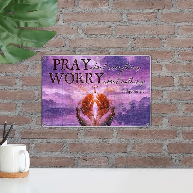 Pray About Everything Worry Nothing Philippians 46 Metal Sign 12 x 8 Inch Christian Home Wall Decor Inspirational Religious Faithbased Room Decoration Vintage
