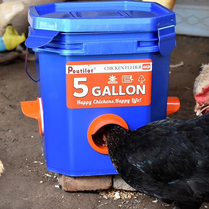 Chick Feeder and Waterer Set Bucket, Automatic Chicken Waterer 5 Gallon, No Waste Poultry Feeding System, Hanging Chicken Feeder Kit with Cups and Ports, Chicken Coop Accessories, 44Pound