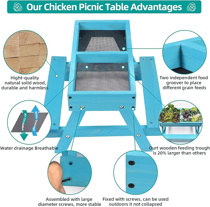 Chicken Picnic Table, Chicken Feeder No Waste Handmade Wooden, Large DIY Chicken Feeder Kit, Wild Bird, Duck & Squirrel Feeders, Mesh Bottom Keep Food Fresh and Dry Easy to Clean and Fill（Blue Paint）
