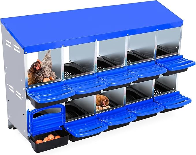 Chicken Nesting Box,10 Hole 2 Layer Hen Nest Boxes, Roll-Away Egg Collection System with Ventilation Holes，Rustproof Plastic Tray & Keyhole Mounting, Chicken Laying Box