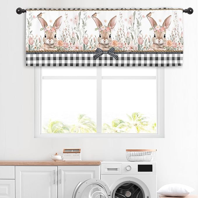 Miyotaa Easter Rabbit Bunny Kitchen Curtain Valance 54W x 18H Rod Pocket Plaid Buffalo Spring Flower Floral Window Treatment for Living Room Bedroom Bathroom
