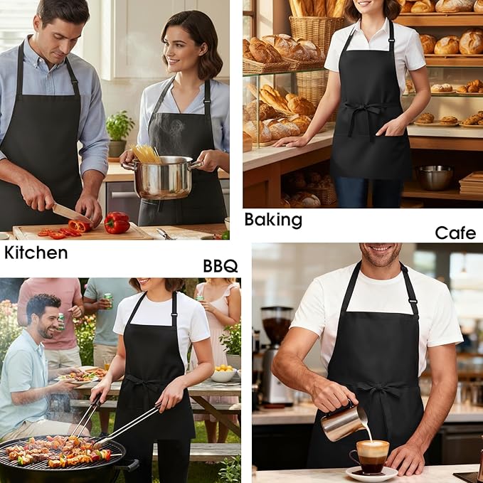BOHARERS Kitchen Cooking Apron Unisex Adjustable chef apron with 3 pockets,2 Pack Black