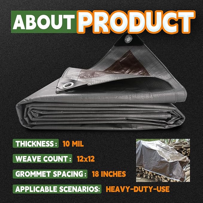 RAINDEWAY Tarps Heavy Duty Waterproof 12x25 Feet,10Mil Thick Multipurpose Poly Tarp Cover with Metal Grommets and Reinforced Edges,Silver/Brown Tarp