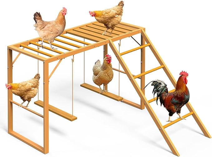 Chicken Perch Swing, Chicken Roosting Bars with Ladder for Coop, Metal Pet Swing Set for Pet's Healthy & Happy for 8-10 Chick, Yellow