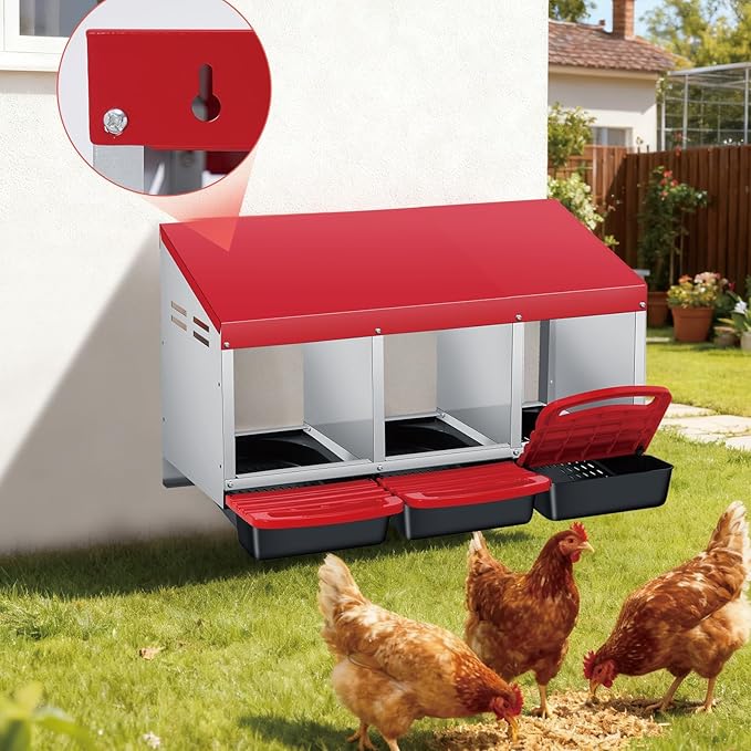 Chicken Nesting Boxes with Cleanable Pull-Out Trays, 3-Hole Wall Mount Roll Away Nest for Easy Cleaning & Egg Collection