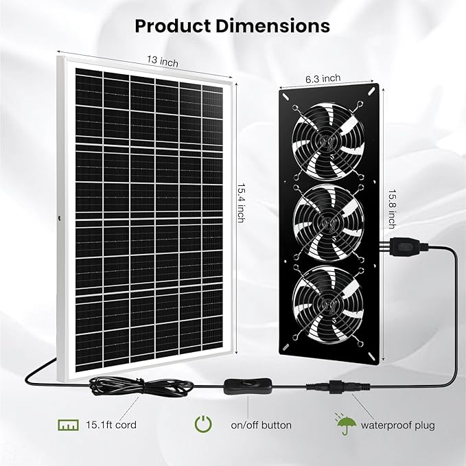 Solar Powered 3 Fan Kit, 25W High Velocity Waterproofed Solar Exhaust Fans for Outdoor Greenhouse Chicken Coop Shed Pet House