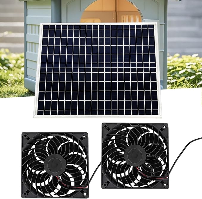22W Solar Panel Double Exhaust Fan Kit, Solar Ventilation System for Chicken Coop Dog House Greenhouse Shed RV