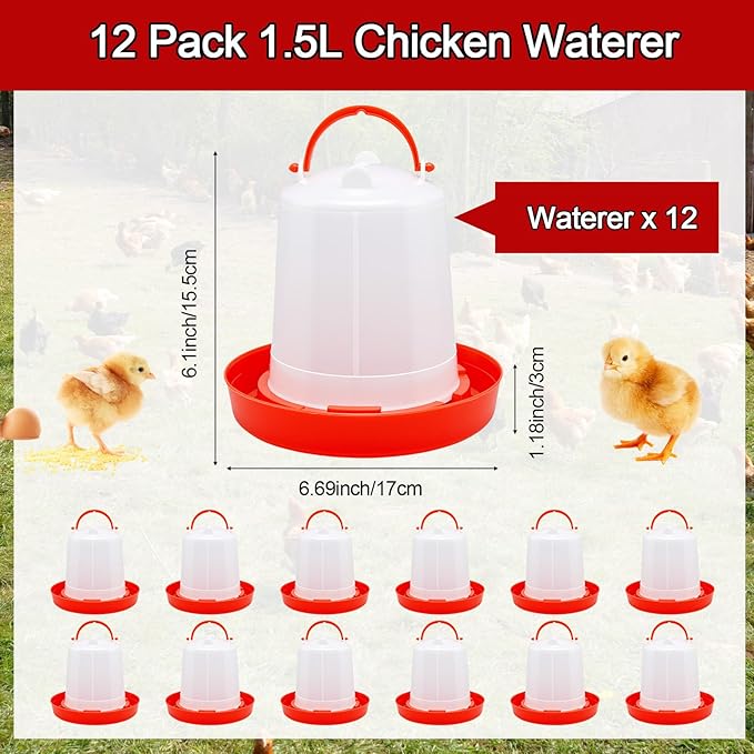 12 Pack Small Chicken Feeder and 1.5L Baby Chicken Waterer Set Bulk Chick Feeder Chick Drinker for Poultry Ducks Goose Quail Pigeons(Watering)