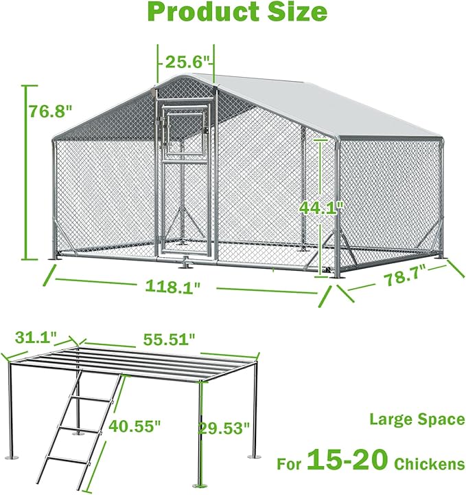 10x6.5FT Metal Chicken Coop, Dutch Door Chicken Run with Chicken Perch, Cover and Hardware Cloth, Walk in Duck Pen for Backyard Poultry and Pet Farming