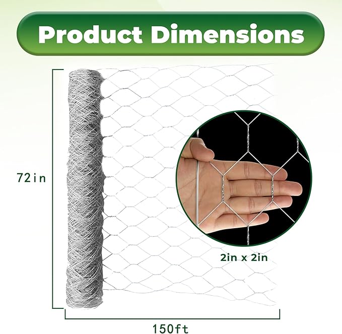 72 in x 150 ft, 2 inch Metal Mesh Pencing, Chicken Wire Fencing, Hexagonal Galvanized Mesh, Poultry Wire Netting for Chicken, Duck, Goose, Rabbit Fencing