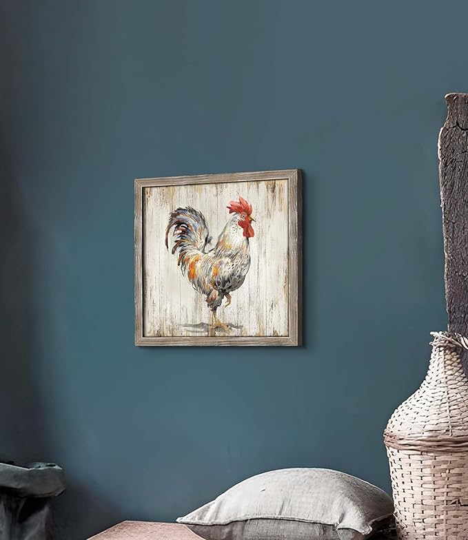 Farmhouse Wall Art Decor Kitchen: Rooster Framed Wood Picture Rustic Farm Animal Print Painting Vintage Chicken Country Artwork for Home Bathroom Living Room Decorations 12 x 12 Inches