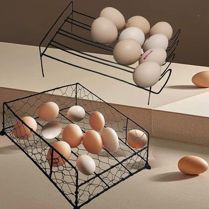 TAIANLE. Wire Egg Basket For Gathering Fresh Eggs with Rolling Tray 2 Tier, Farmhouse Metal Egg Holder Container Countertop, Rustic Display Tray