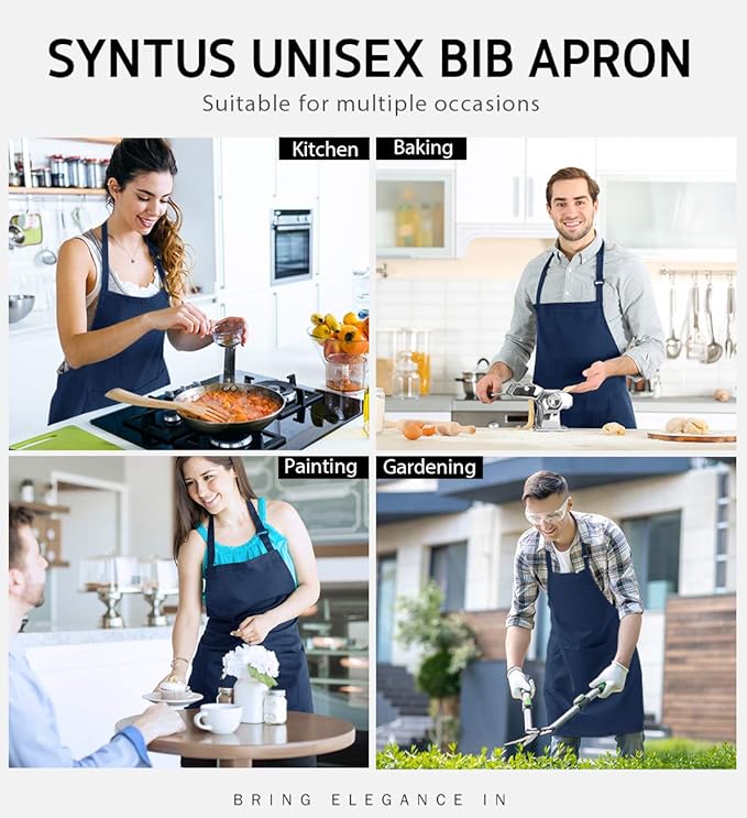 Syntus Adjustable Bib Apron with 2 Pockets Cooking Kitchen Aprons for Women Men Chef