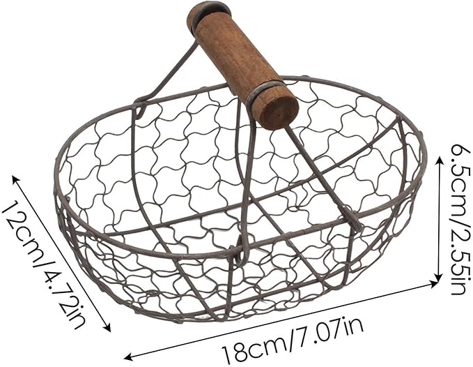 Rustic Farm Egg Basket - Farmhouse Wire Container, Wooden Handle Bucket | Outdoor Camping Bin Rustic Egg Gathering Storage Accessory Tool, Picnic Style Carrier Basket for Home Farm Eggs