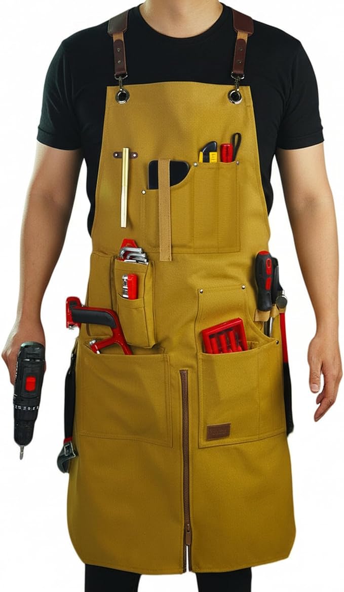 Woodworking Apron, Tool Apron, Canvas, Multiple Pockets, Adjustable Zipper, Metal Ring, Tape Measure Clip, Plus Size, Khaki.