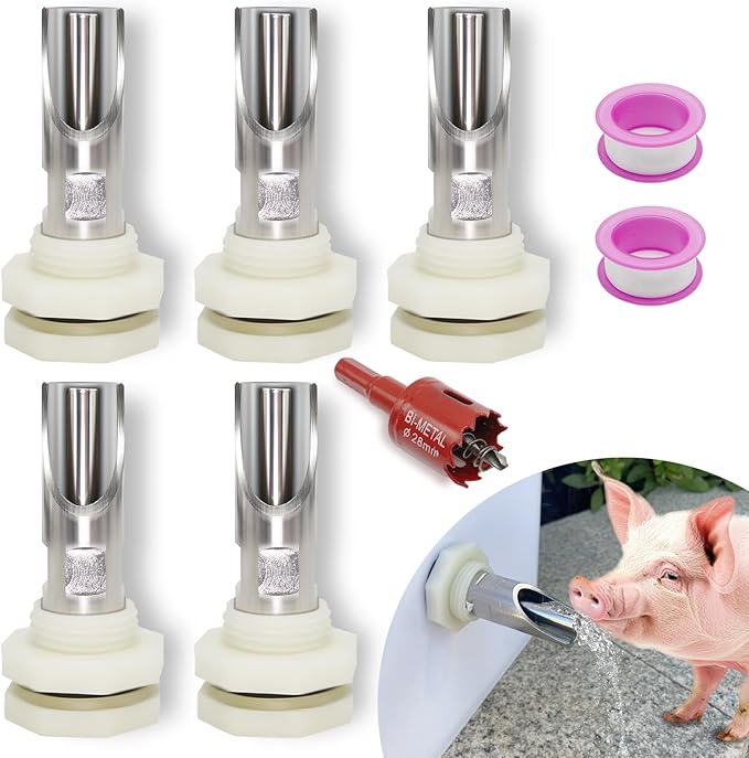 5 PCS Pig Nipple Waterer for Barrel Kit Automatic Pig Water System 1/2 inch Stainless Steel Waterer Drinker Feeder with Tank Connectors Hog Water Nipples for Sows Piglet (5pcs, one Size)