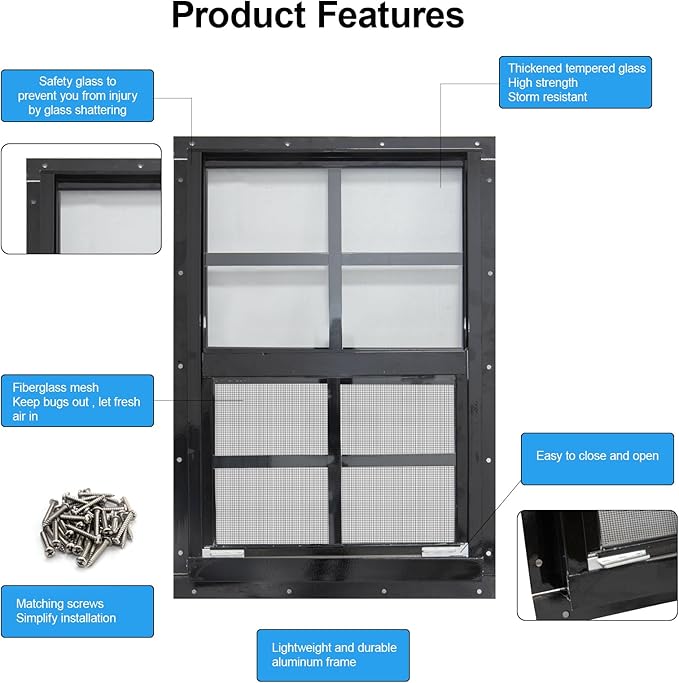 NeatiEase 2 Pack Shed Windows with Black Frame, 14 x 21 Flush Mount Small Window with Tempered Glass and Fiberglass Screen for Shed, Chicken Coop, Playhouse, Household, Garage