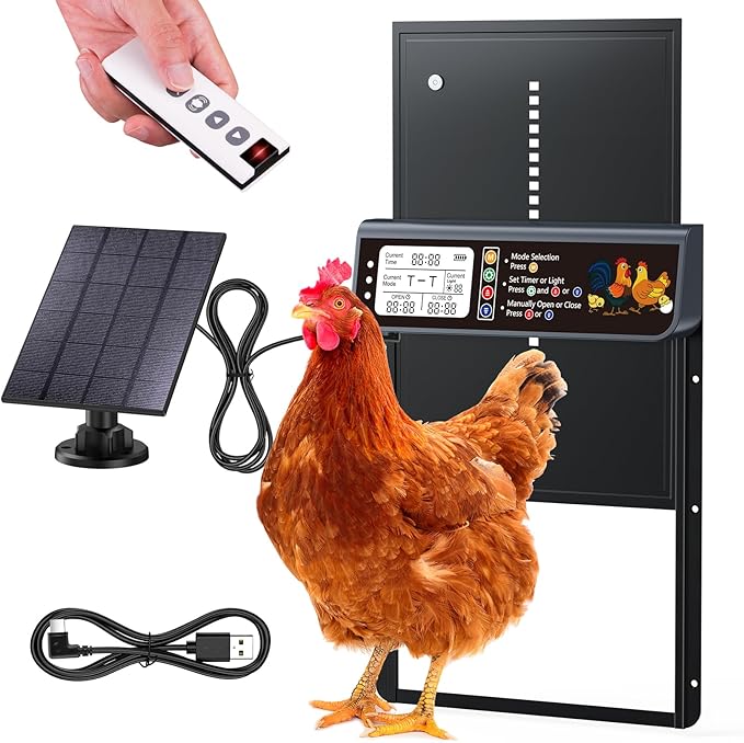 Automatic Chicken Coop Door Solar Powered, LCD Display Automatic Chicken Door with Timer & Light Sensor, Solar Chicken Coop Door with Remote Control, Anti-Pinch Function and Made of Al-Alloy