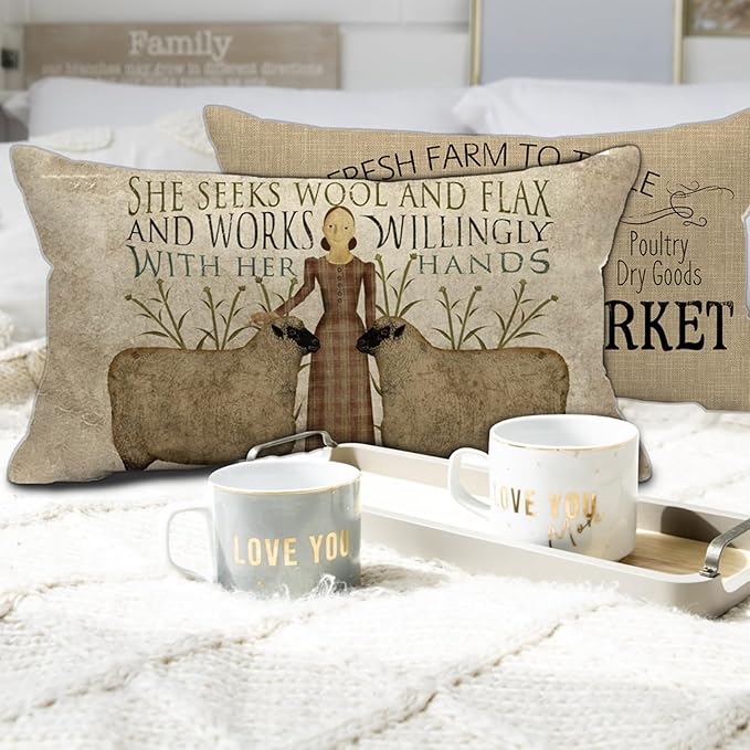 Retro Farmhouse Sheep Throw Pillow Cover 12x20 Inch Vintage Farm Wools Flax Quotes Decor Lumbar Decorative Thanksgiving Day Throw Pillows Cases Decorations for Couch Sofa Living Room