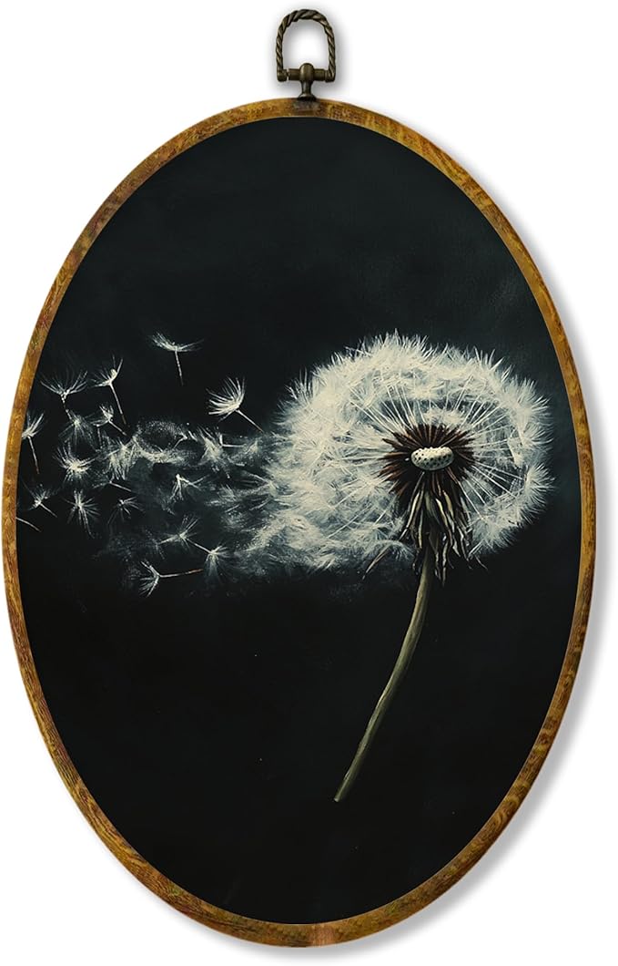 Hiuwevt Dandelion Oval Wall Art Decor, White Flower Modern Rustic Framed Canvas Prints, Dandelion Farmhouse Wildflower Oval Wall Hanging Decor for Bedroom Home Decorations, 8.6x11.4 Inches