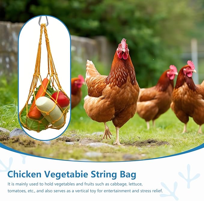 Chicken Vegetable String Bag, Hanging Feeder Toy Vegetable Rack with Hook for Chicken Cage, Poultry Fruit Rack, Cabbage Feeder 4 Sets